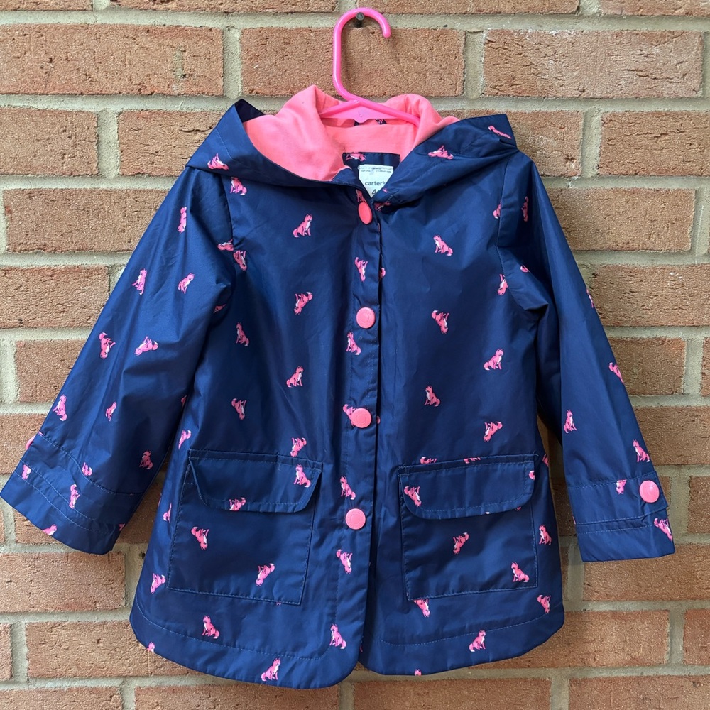 Carter’s Navy Raincoat with Hood, Pink Kitty Print. Snap Front Size 4T Worn Once